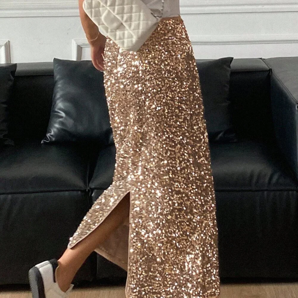 Khaki Party Women's Sequin Slit Skirt